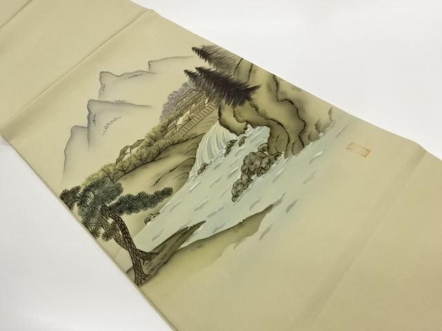 作家物　塩瀬手描き時代風景模様開き名古屋帯(額縁仕立て)